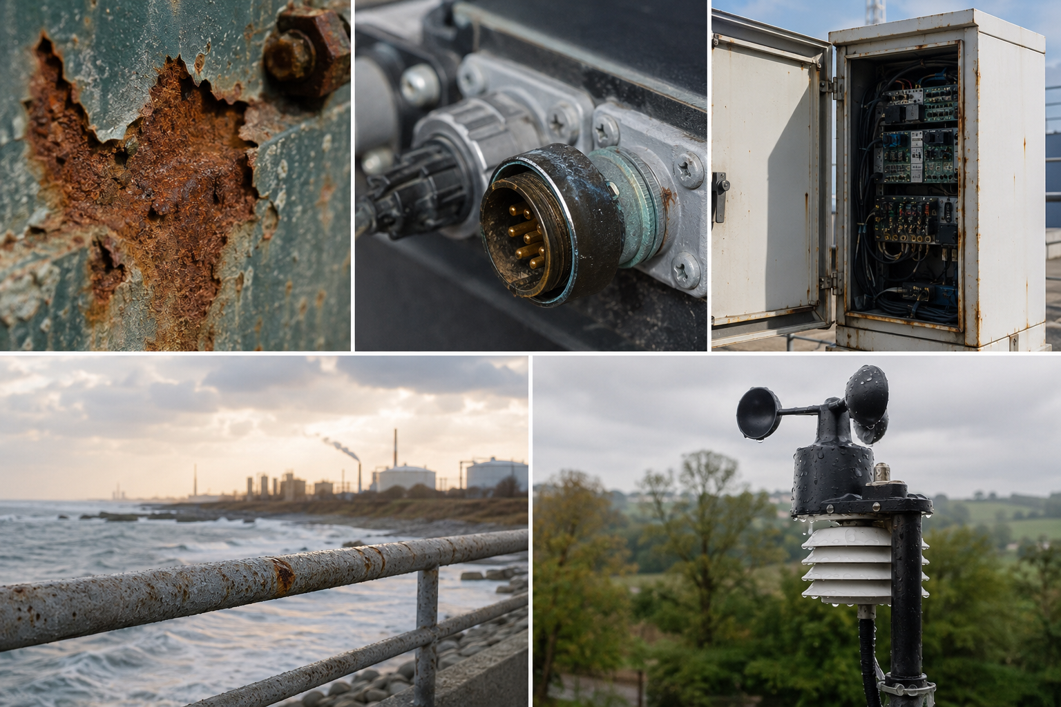 Climate exposure examples including corrosion, outdoor connectors, coastal infrastructure, outdoor electrical cabinets, and wet sensor equipment