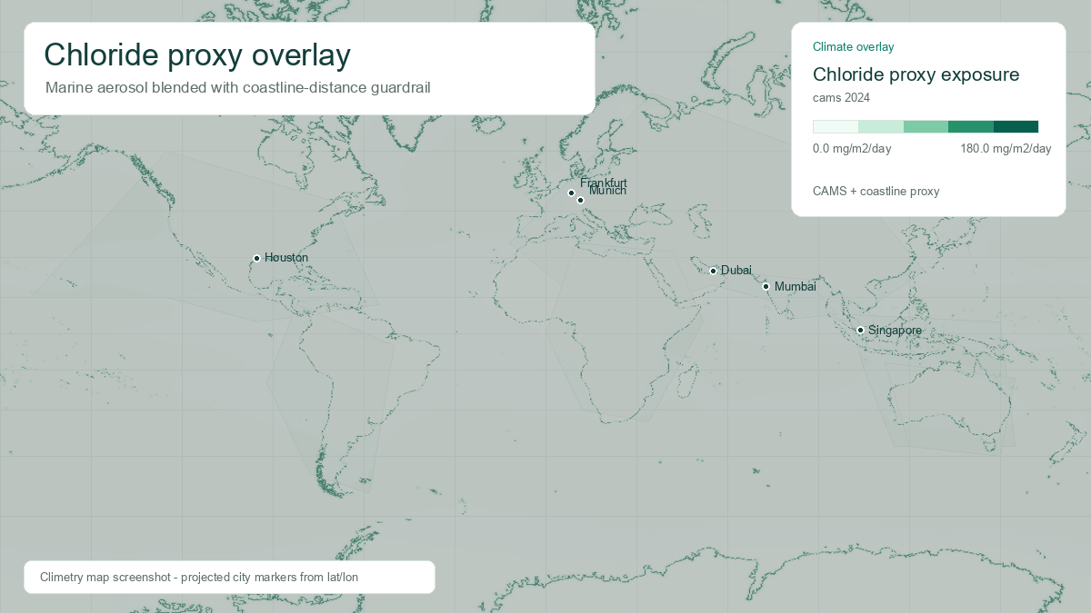 Climetry map screenshot with chloride proxy overlay based on CAMS marine aerosol and coastline distance